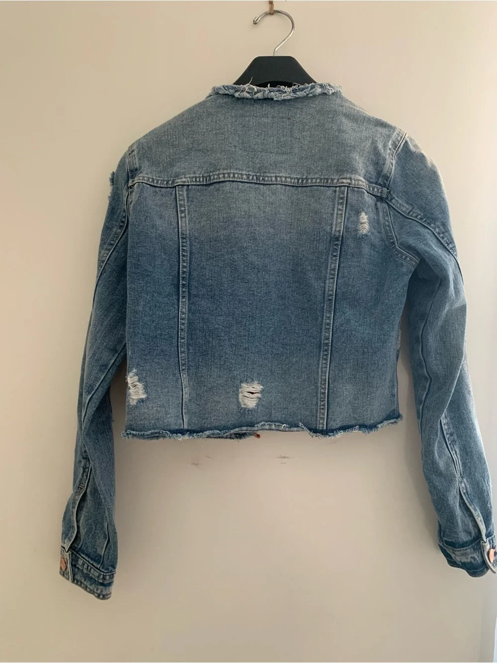 Cropped Distressed Denim Jacket - Blue